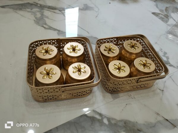 Square Shape Metal Basket Jar with Tray 4 Copper Flower Container