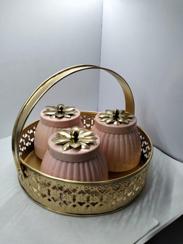 Metal Basket with Metal Jar Flower lid | Set of 3 Jar With 1 Basket Metal Flower Container
