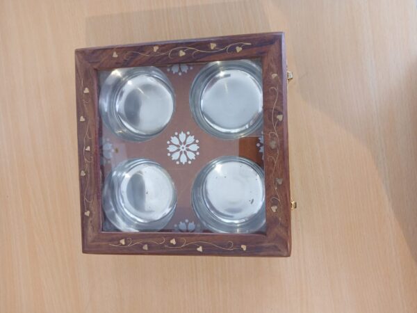 Wooden Dry Fruit Box Antique with 4 Storage Steel Compartments