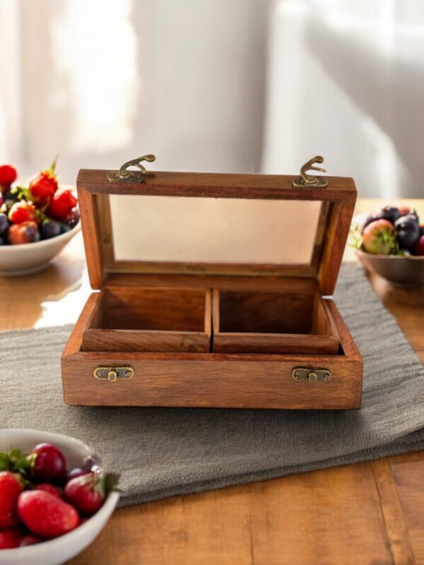Wooden Masala Box Spice/Dry Fruit Box with Glass Top