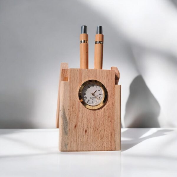 Multipurpose Wooden Pen and Pencil Stand with Quartz Clock