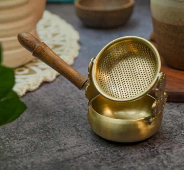 Brass Swing Medium Sized Tea Strainer With Wooden Handle