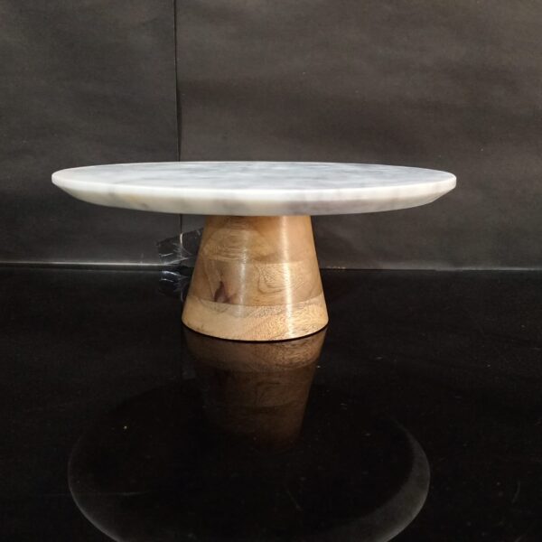 White Marble Round Cake Stand with Wooden Legs
